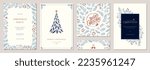 Winter Holiday cards. Christmas templates. Universal ornate floral decorative frames with copy space, Christmas Tree, reindeer, birds and greetings. Vector background.