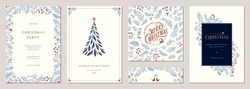 Winter Holiday Cards. Christmas Templates. Universal Ornate Floral Decorative Frames With Copy Space, Christmas Tree, Reindeer, Birds And Greetings. Vector Background.