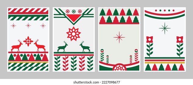 Winter Holiday cards. Christmas templates with decorative Tree, reindeers, ornament, floral background and frame