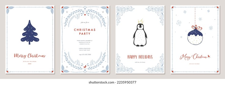 Winter Holiday cards. Christmas templates, decorative ornate floral frames with copy space, Christmas Tree, baby penguin, Christmas ornament, bird and greetings.