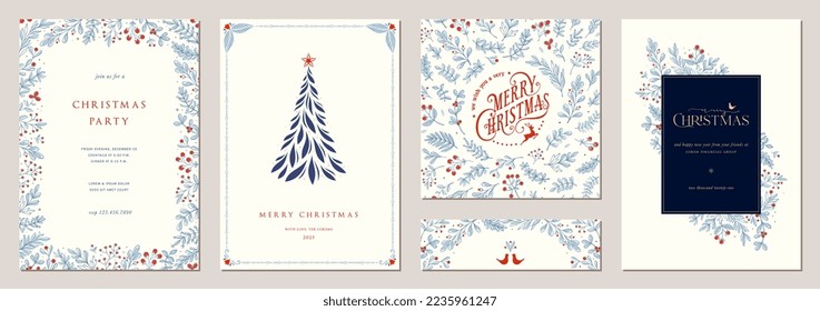 Winter Holiday cards  Christmas templates  Universal ornate floral decorative frames and copy space  Christmas Tree  reindeer  birds   greetings  Vector background 