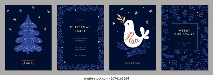 Winter Holiday cards with Christmas tree and Dove, birds, floral modern frame, background and copy space. Universal artistic templates.