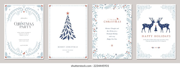 Winter Holiday cards. Universal Abstract Christmas templates with decorative Christmas Tree, reindeers, ornate floral background and frame with copy space, birds and greetings.