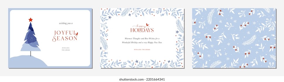 Winter Holiday cards  Universal Christmas templates and decorative Christmas Tree  floral background   frame and copy space  birds   greetings 
