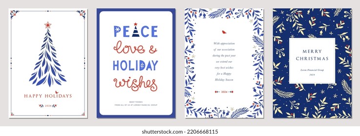 Winter Holiday cards. Universal Christmas templates with decorative Christmas Tree, ornate floral background and frame with copy space, birds and greetings.