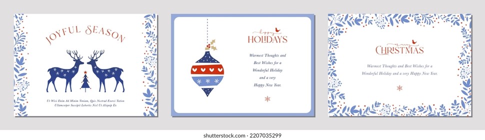 Winter Holiday cards. Universal Christmas templates with decorative Christmas Tree, reindeers, Christmas ornament, floral background and frame with copy space, birds and greetings.