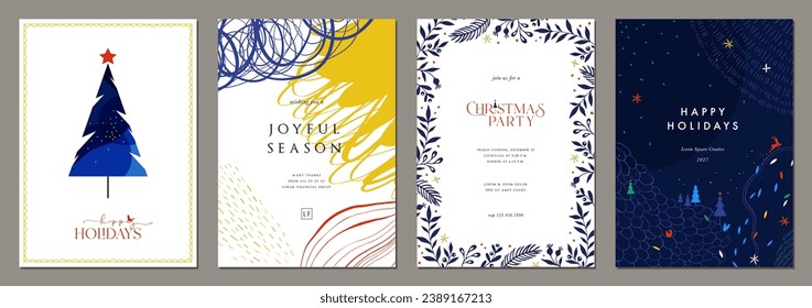 Winter Holiday cards. Universal Christmas templates with decorative Christmas Tree,  Christmas ornament, floral background and frame with copy space and greetings. 