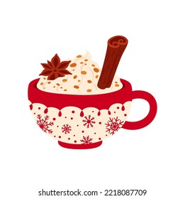 Winter holiday cartoon Christmas cup with whipped cream, cinnamon stick and anise star. Vector mug decorated by snowflakes, eggnog cocktail