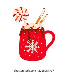 Winter holiday cartoon Christmas cup with chocolate, ice cream and ginger cookies. Santa candy cane and snowflake, lollipop on stick, marshmallow