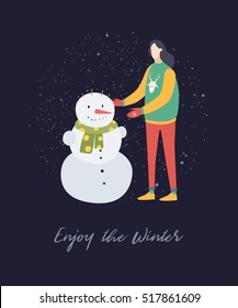 Winter holiday. Cartoon girl sculpts snowman. Vector illustration on a dark background.