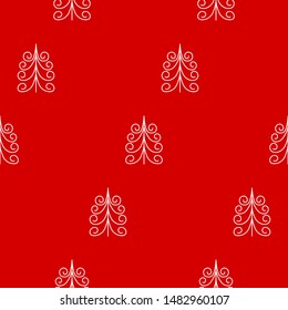 Winter Holiday cartoon pattern. White Christmas tree  illustration isolated on red background. Merry Christmas and New year Vector. Template design for invitation, poster, card. 