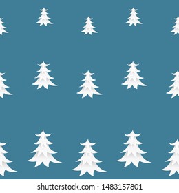 Winter Holiday cartoon seamless pattern. White Christmas tree  illustration isolated on blue background. Merry Christmas and New year Vector. Template design for invitation, poster, card. 