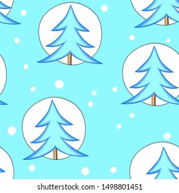 Winter Holiday cartoon seamless pattern. Blue Christmas tree and snow on blue background. Merry Christmas and New year Vector. Template design for invitation, poster, card. 