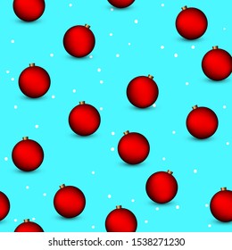 Winter Holiday cartoon seamless pattern with red balls and snow on blue background. Merry Christmas and New year Vector. Template design for web page, textures, card, poster.