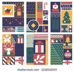 Winter holiday celebration, new year and christmas. Xmas Santa Claus and pine tree with decorations. Baubles and bullfinch, mistletoe and presents, jingle bell with ribbons. Vector in flat style