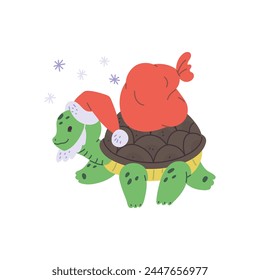 Winter holiday charm. Vector illustration of a turtle in a Santa hat, whimsically carrying a red sack, amidst falling snowflakes.