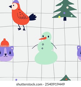 Winter holiday checkered seamless pattern. Christmas and New Year texture with cute elements: pine tree, cat, bird, snowman. Flat doodle seasonal vector surface for textile, paper, decoration