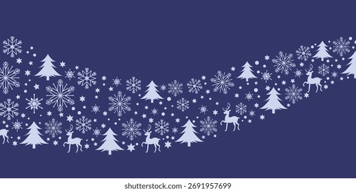 Winterurlaub und Weihnachtsdekoration Muster. Weihnachtsbäume, Schneeflocken und Rentiere Dekoration Illustration. Vektorgrafik.