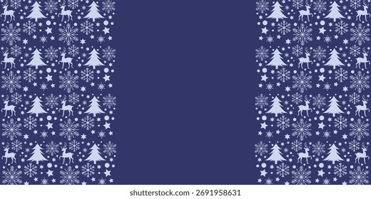 Winter holiday and Christmas decoration pattern. Christmas trees, snow flakes and reindeers decoration illustration. Vector illustration.