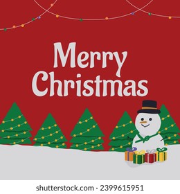 Winter Holiday Christmas Frames: Snowman with Gifts Tree Background with Lights. Square Templates with Minimal Backgrounds and Vector Illustrations for Social Media