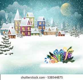 Winter holiday Christmas landscape with snowy village and presents