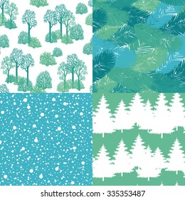 Winter Holiday, Christmas seamless patterns with christmas tree branches, snowflakes. Vector falling snow on the blue and green branches background for christmas card. 