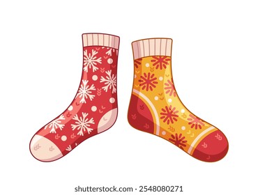 Winter holiday Christmas socks with different cute snowflake design and color isolated on white