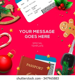 Winter holiday, Christmas travel template, pink background,  illustration.