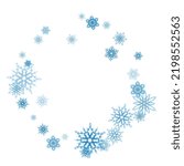 Winter holiday circle frame style with fall shining snow. Rectangular frame with small blue snowflakes layered around. Glitter powder sparkling background.