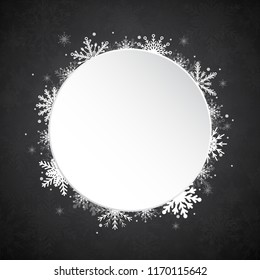 Winter holiday circle frame style with fall shining snow. Falling silver snow with winter sky. Merry Christmas, New Year background, banner, poster, card. Vector frames snowflakes illustration.