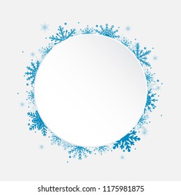 Winter holiday circle frame style with fall shining snow. Falling blue snow with winter sky. Merry Christmas, New Year background, banner, poster, card. Vector frames snowflakes illustration.