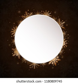 Winter holiday circle frame style with fall shining snow. Falling gold snow with winter sky. Merry Christmas, New Year background, banner, poster, card. Vector frames snowflakes illustration.