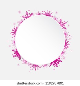 Winter holiday circle frame style with fall shining snow. Falling purple snow with winter sky. Merry Christmas, New Year background, banner, poster, card. Vector frames snowflakes illustration.