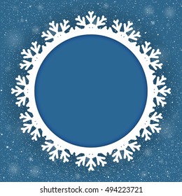Winter holiday circle frame style with fall shining snow. Falling white snow with blue winter sky. Merry Christmas, New Year background, banner, poster, card. Vector frames snowflakes illustration.