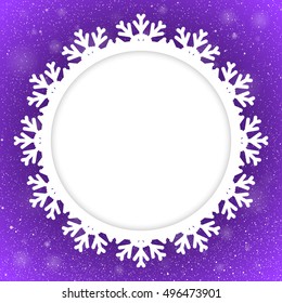 Winter holiday circle frame style with fall shining snow. Falling white snow with purple winter sky. Merry Christmas, New Year background, banner, poster, card. Vector frames snowflakes illustration.