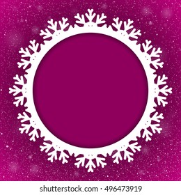 Winter holiday circle frame style with fall shining snow. Falling white snow with purple winter sky. Merry Christmas, New Year background, banner, poster, card. Vector frames snowflakes illustration.