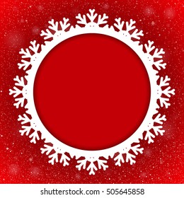 Winter holiday circle frame style with fall shining snow. Falling white snow with red winter sky. Merry Christmas, New Year background, banner, poster, card. Vector frames snowflakes illustration.