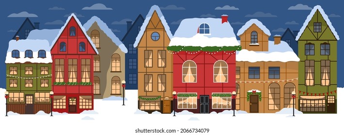 Winter holiday city panorama with cozy colorful European  houses