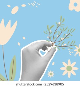 Winter holiday collage banner with hands holding mistletoe on a light blue background. Vector hand drawn illustration.