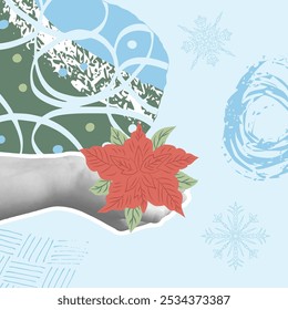 Winter holiday collage banner with hands holding poinsettia on a light blue background. Vector hand drawn illustration.