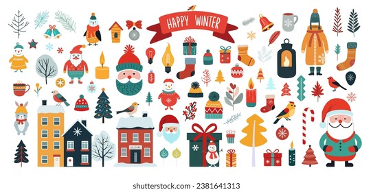 Winter holiday collection of Christmas design elements. Gifts, decorations, trees, animals, Santa characters, cozy winter wear, houses. Colorful Vector illustration