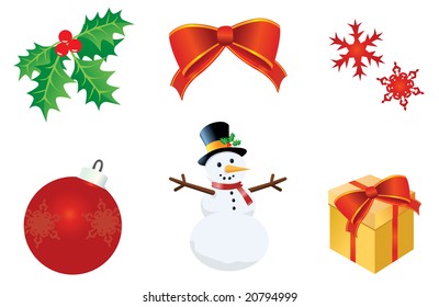 Winter / Holiday Collection with Christmas Holly, Bow, Snowflake, Gift, Snowman, and Ornament