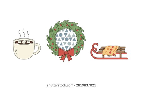 Winter holiday collection featuring a steaming mug of hot cocoa with marshmallows, a festive evergreen wreath, and a wooden sled.