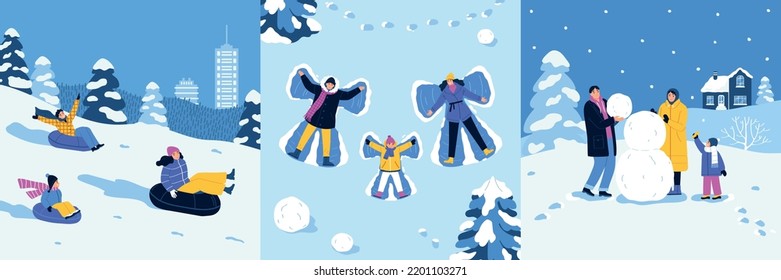 Winter holiday compositions set with people having fun outdoors making snowman angels going down hill isolated flat vector illustration