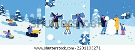 Winter holiday compositions set with people having fun outdoors making snowman angels going down hill isolated flat vector illustration