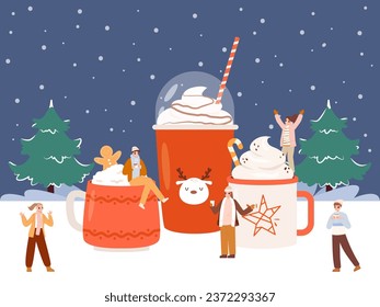 Winter holiday concept with big mugs. Hot chocolate and latte, sweet coffee and cute tiny people. Christmas outdoor party, snugly vector scene