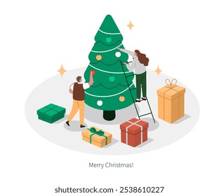 Winter holiday concept. Characters decorating Christmas tree, packing gift boxes, celebrating New Year party. Merry Christmas infographic template. Flat isometric vector illustration.