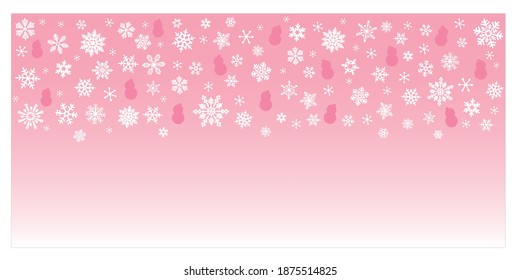 Winter Holiday concept. Decoration with snowflakes and snowman silhouette on pink gradation background. Vector illustration for banner, frame and design. 