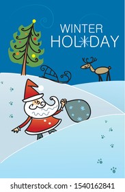 Winter holiday concept design. Santa, Christmas deer, sleigh and Christmas tree. Best for poster, postcard, SMM picture or other design