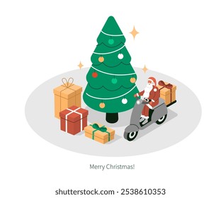 Winter holiday concept. Santa Claus riding scooter delivering gift boxes, presents to Christmas tree. Merry Christmas celebration infographic template. Flat isometric vector illustration.